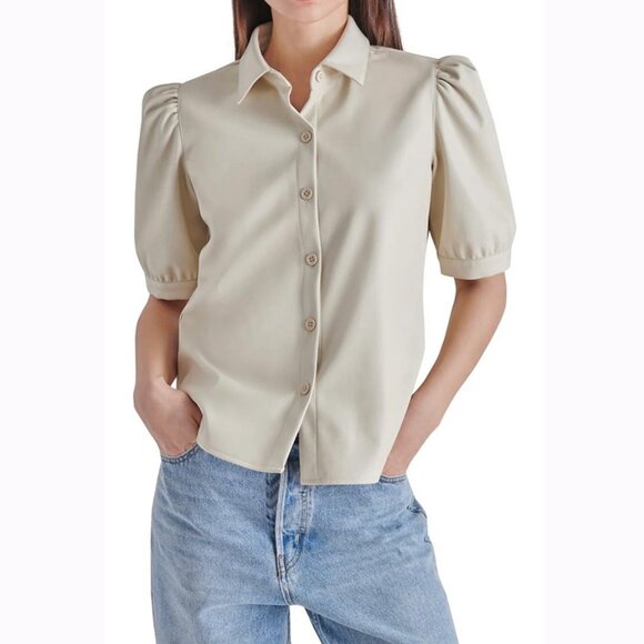 Faux Leather Puff Sleeve Button Front Top in Bone - Picture 11 of 12